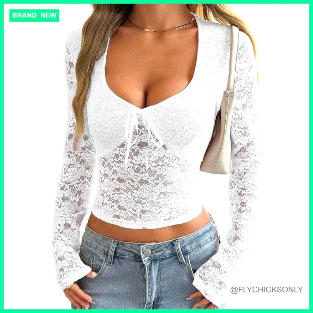 Long Sleeve Lace Crop Top V-Neck Mesh Slim Fit Y2K Going Out Shirt